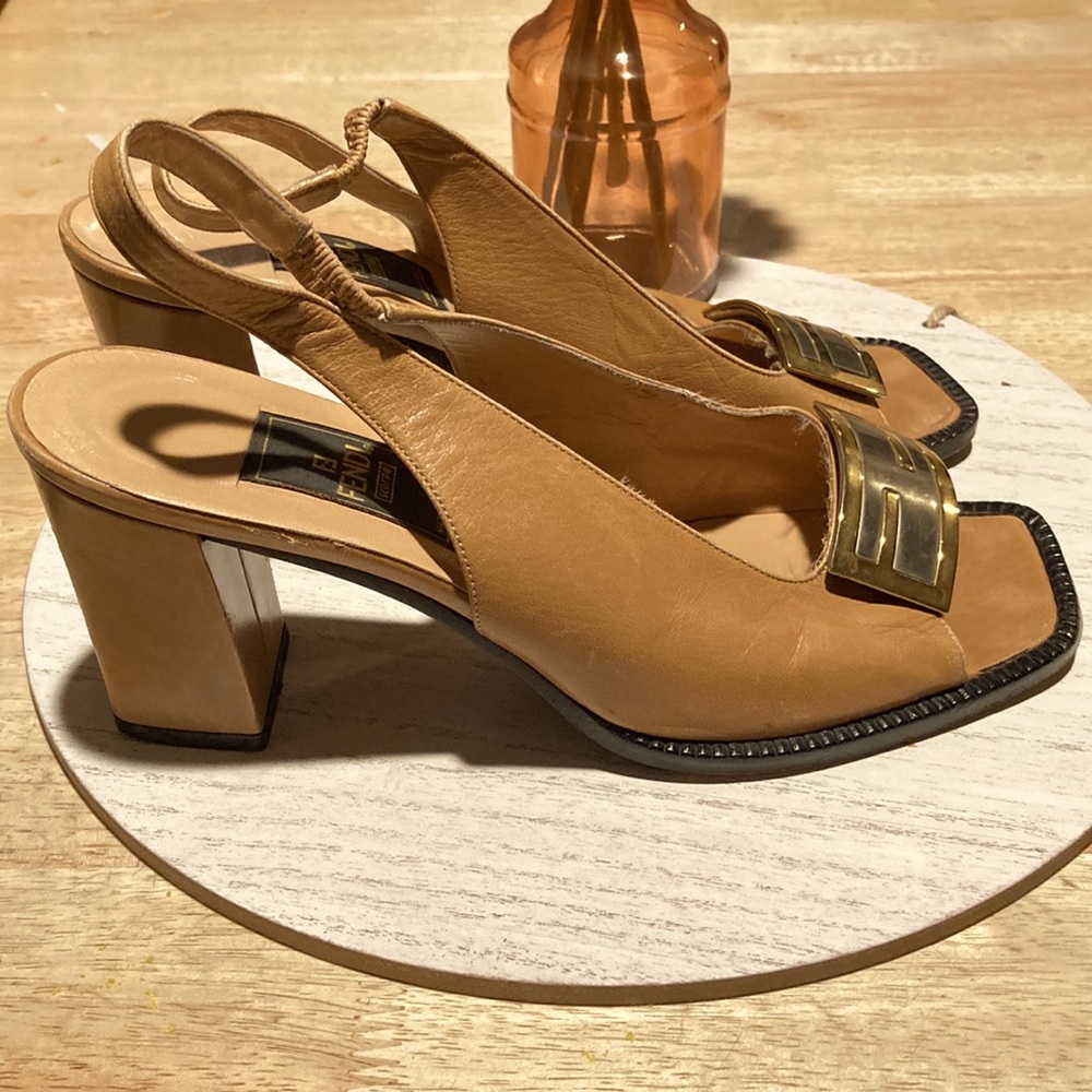 FENDI FF logo slingback sandals, open toe pumps with block heel. Size 38 - Picture 4 of 8